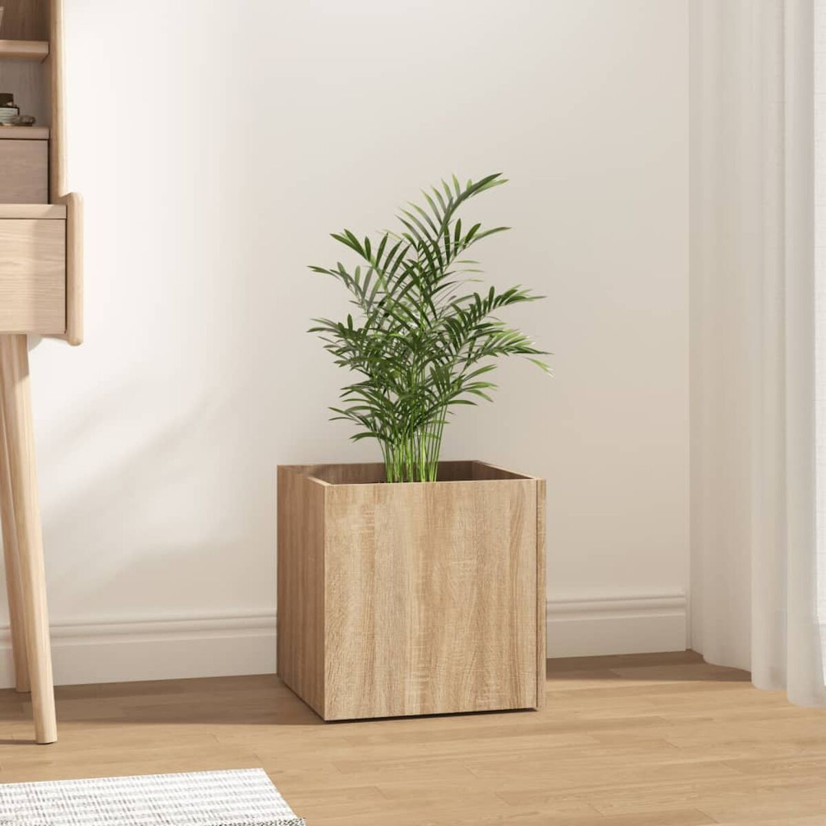 Holztopf mit einer grünen Pflanze, neben einer weißen Wand und einem Holzschreibtisch.