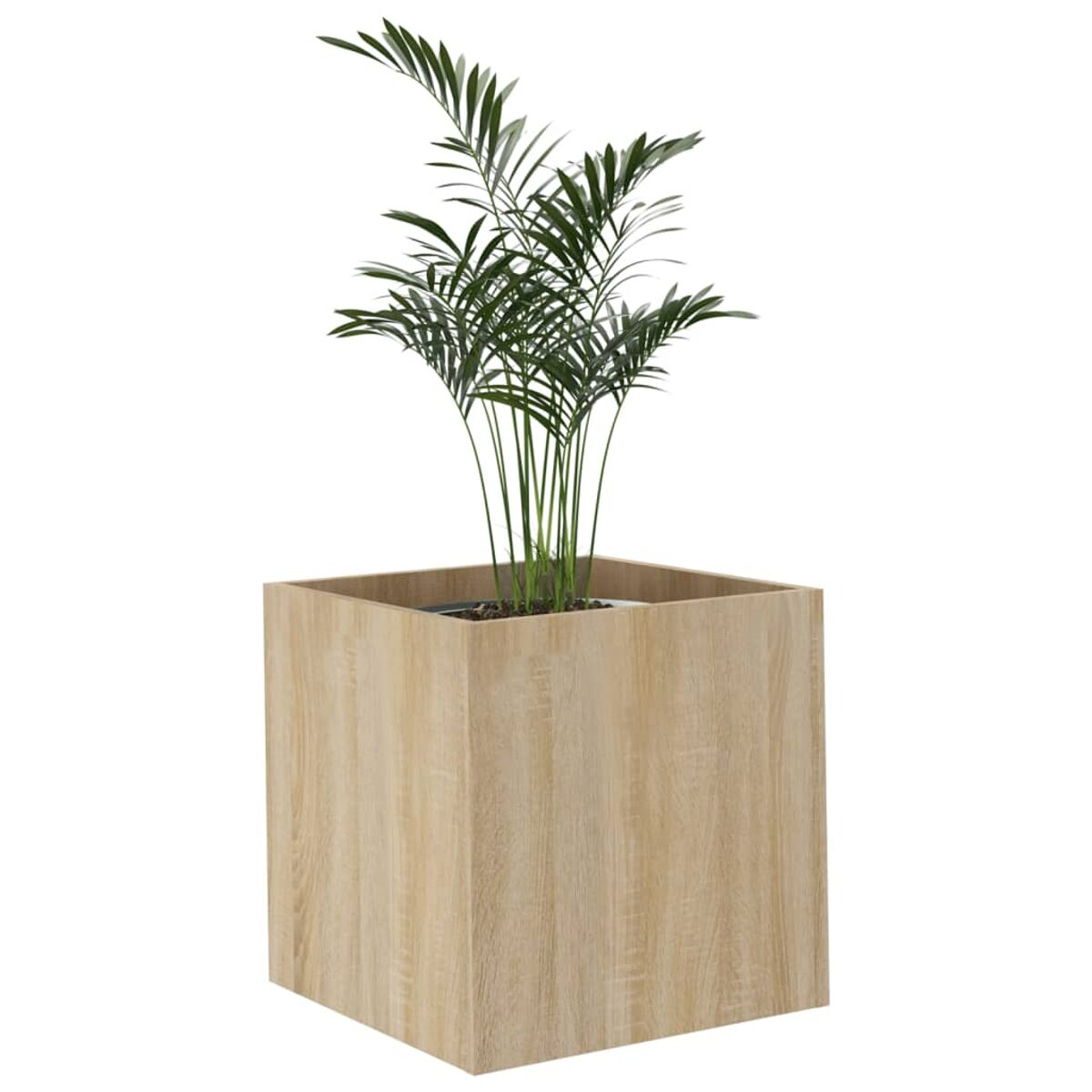 Hoher quadratischer Pflanzkübel aus Holz mit einer grünen Pflanze darin, vor weißem Hintergrund.