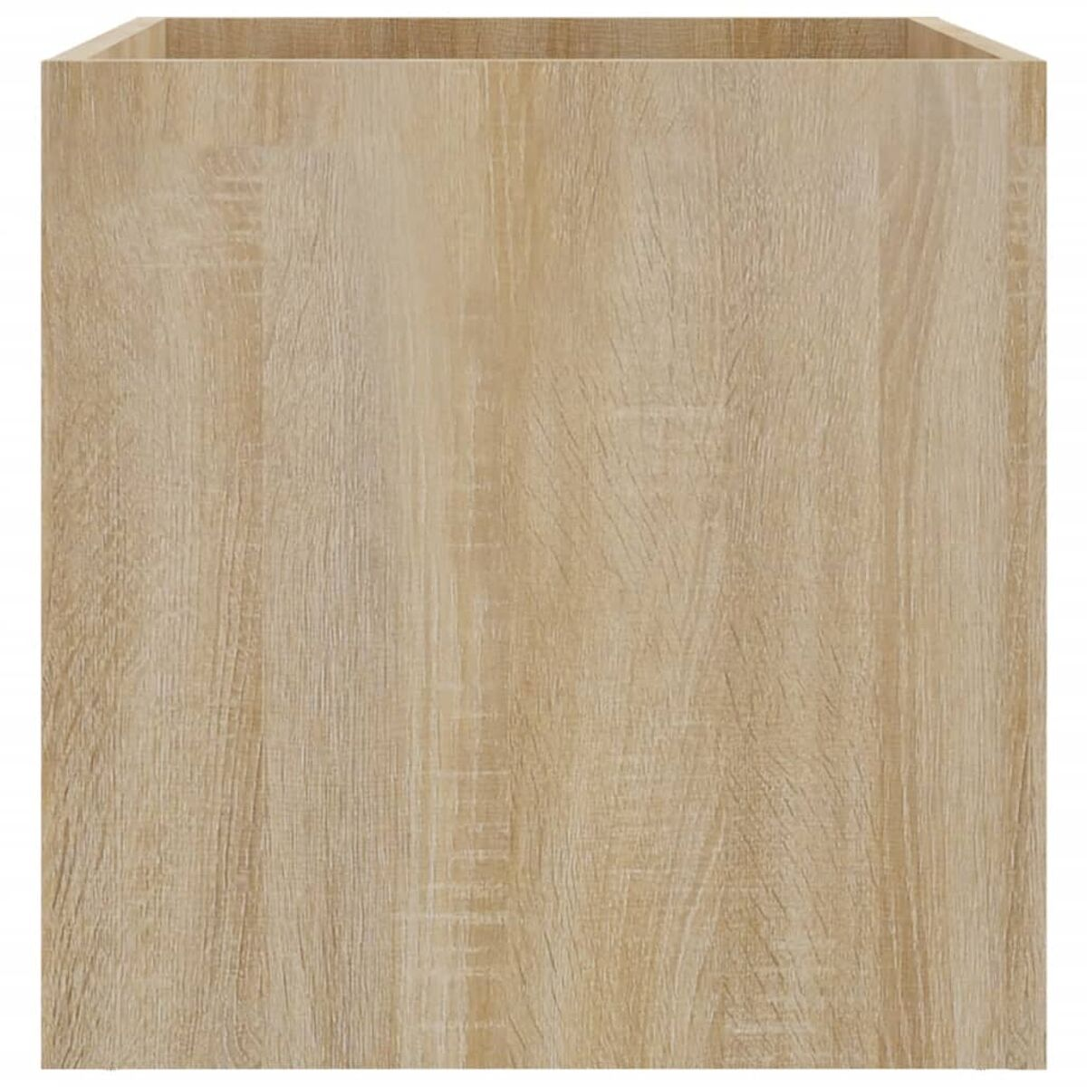 Holzschrank, hellbraune Farbe, mit quadratischer Form. Der Schrank ist leer und hat keine Türen.