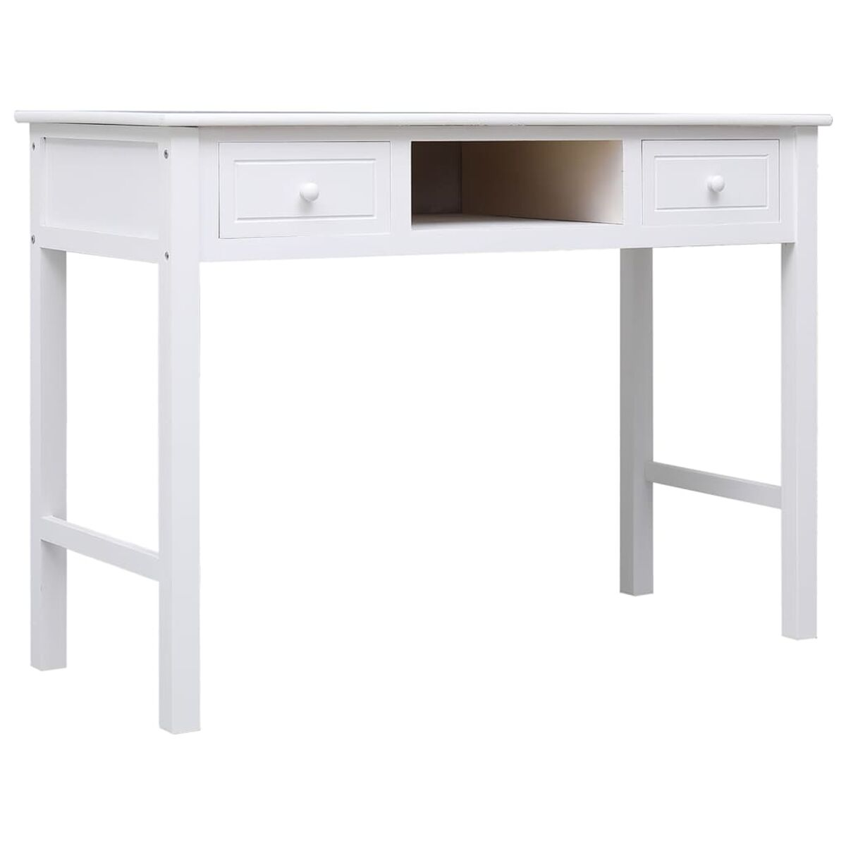 Ein weißer Schreibtisch mit zwei Schubladen und einem zentralen offenen Fach. Schlichtes, modernes Design.