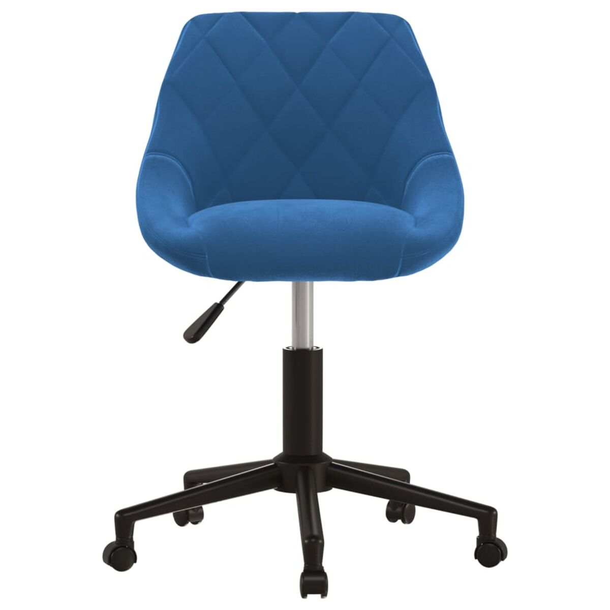 Blauer Samtstuhl mit schwarzem Gestell. Er hat ein Rautenmuster auf Sitz und Rücken.