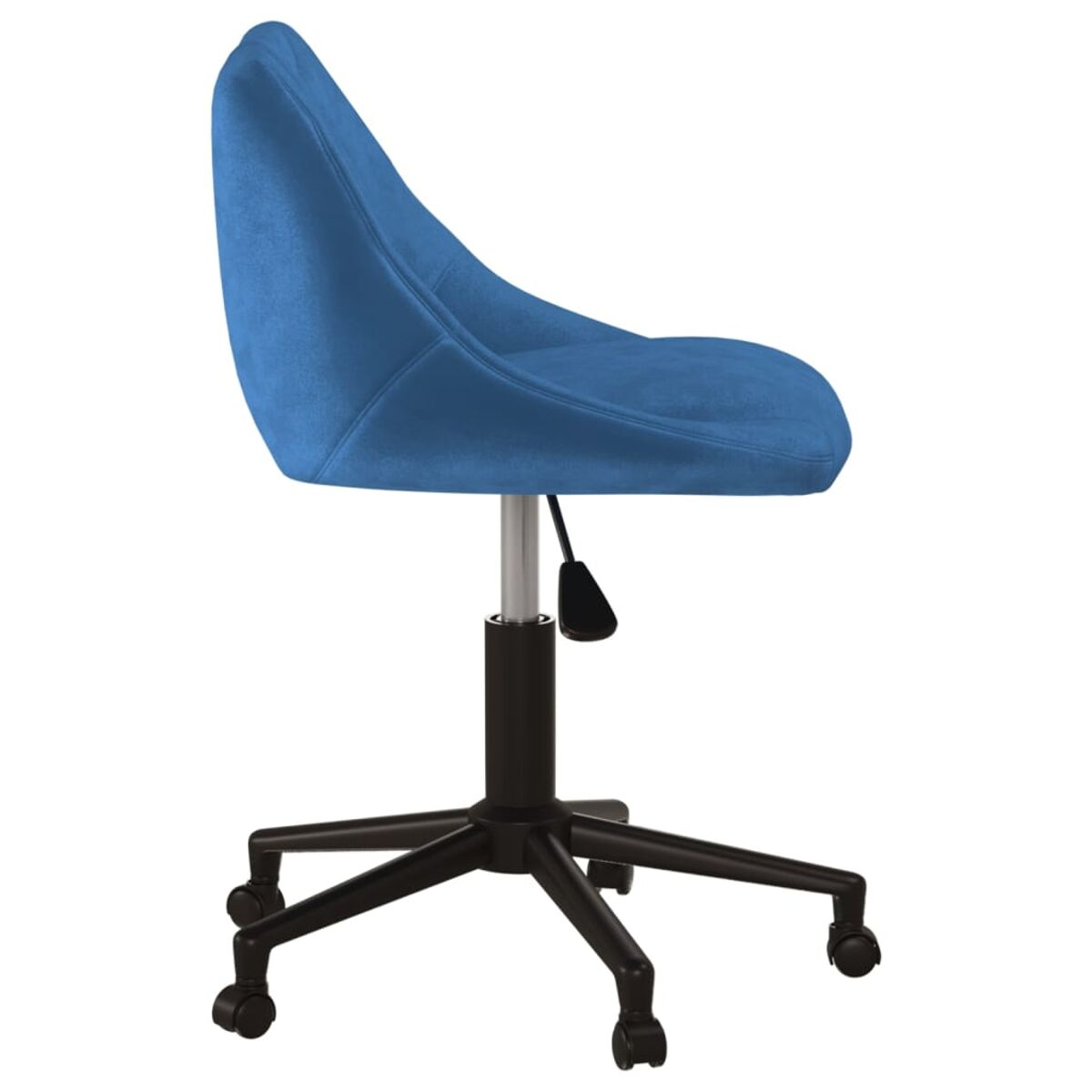 Blauer Bürostuhl mit schwarzem Fuß und Rädern, Seitenansicht.