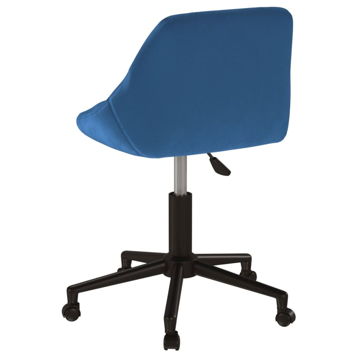 Blauer Bürostuhl von hinten. Schwarzes Gestell und Beine.