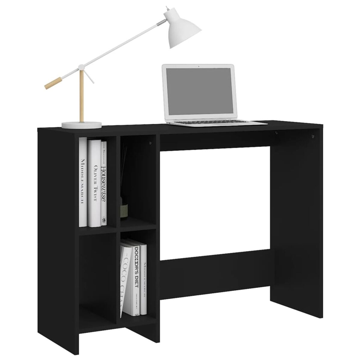 Schwarzer Schreibtisch mit Laptop, Büchern und Lampe.