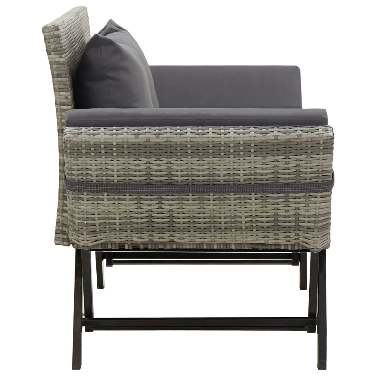 Graues Rattansofa mit grauem Kissen und dunkelgrauem Rahmen. Seitenansicht.