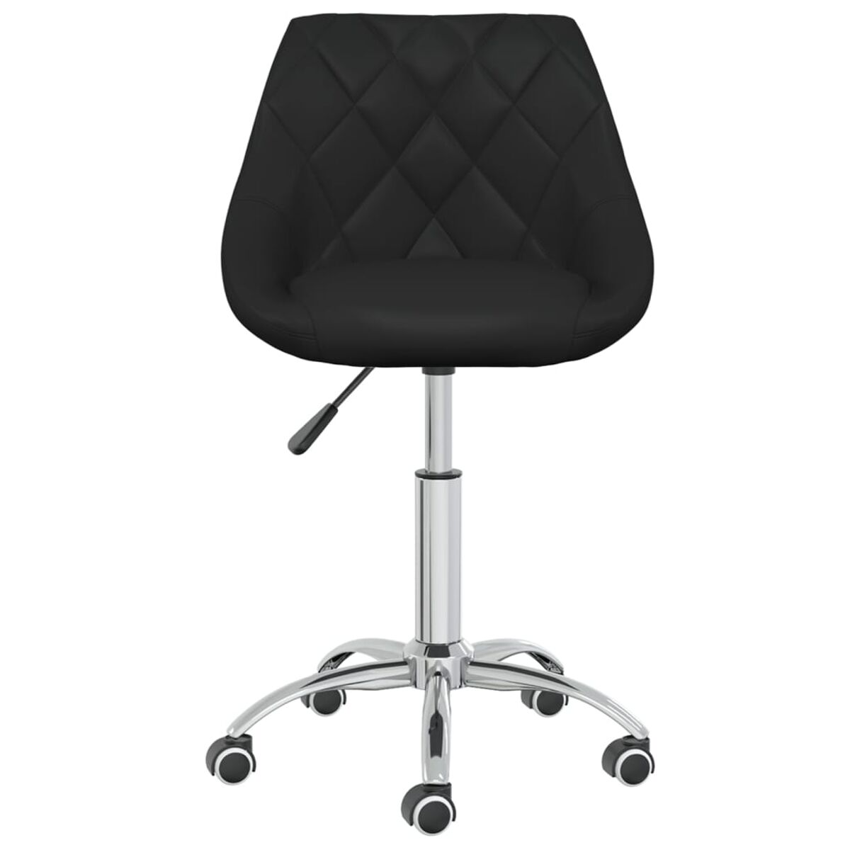 Schwarzer Bürostuhl. Chrombasis, Frontansicht. Sitz mit Rautenmuster. Weißer Hintergrund.