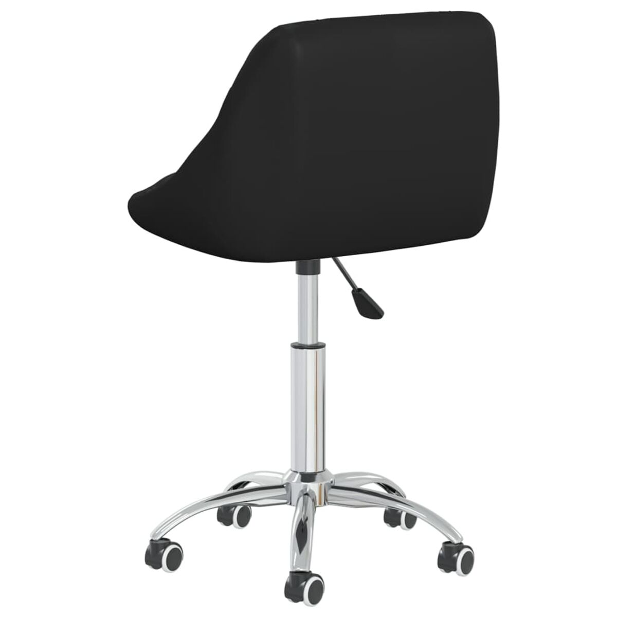 Rückansicht eines schwarzen Bürostuhls mit geschwungener Rückenlehne auf Chrombasis.