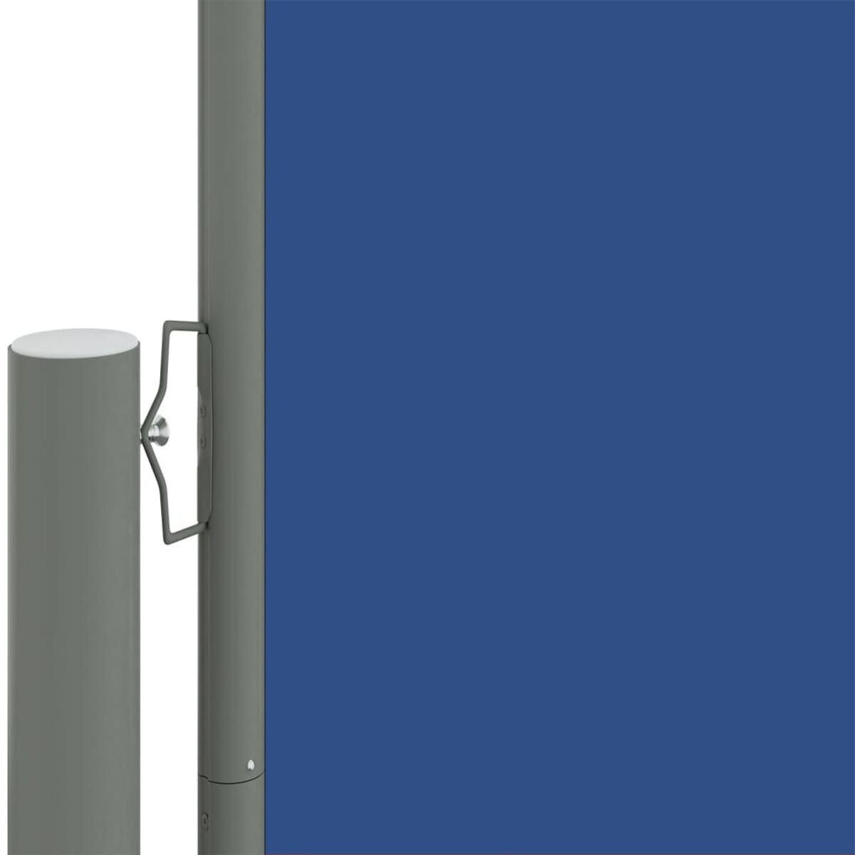 Blauer Sichtschutz mit Griff. Graue Stangen. Blauer Schirm, grauer Rahmen.