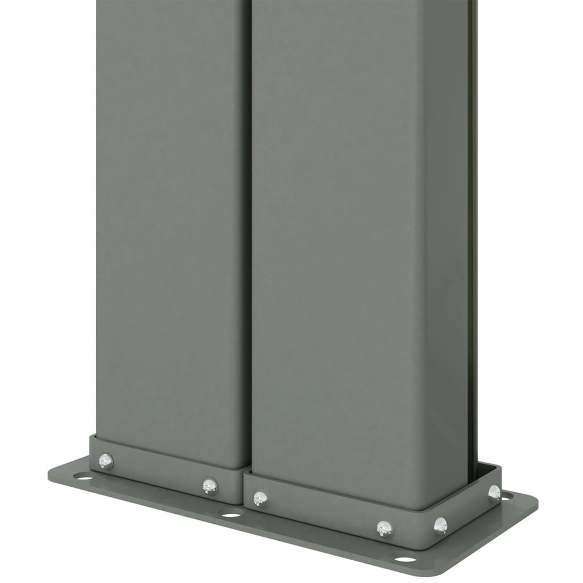 Nahaufnahme von zwei hohen, grauen, metallischen, rechteckigen Säulen, die mit Nieten an einer Metallbasis befestigt sind.