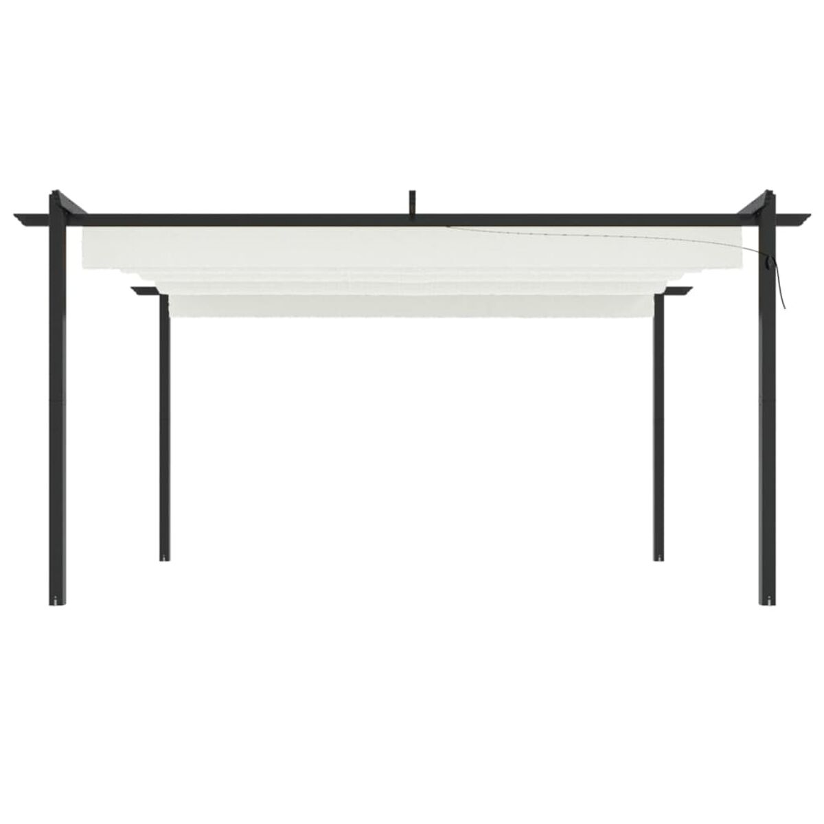 Eine schwarze Pergola-Struktur mit weißem Stoffdach. Auf weißem Hintergrund.
