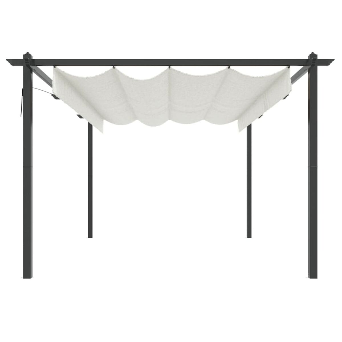 Schwarze Pergola mit weißem Vordach. Weißer Hintergrund. Modernes Design, bietet Schatten.