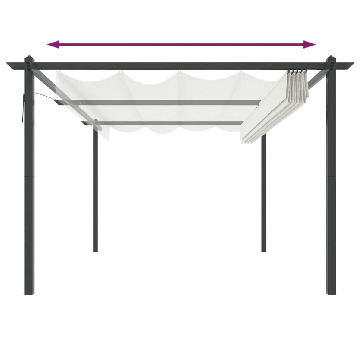 Pergola mit weißem, einziehbaren Baldachin, schwarzem Rahmen und Stützpfosten.