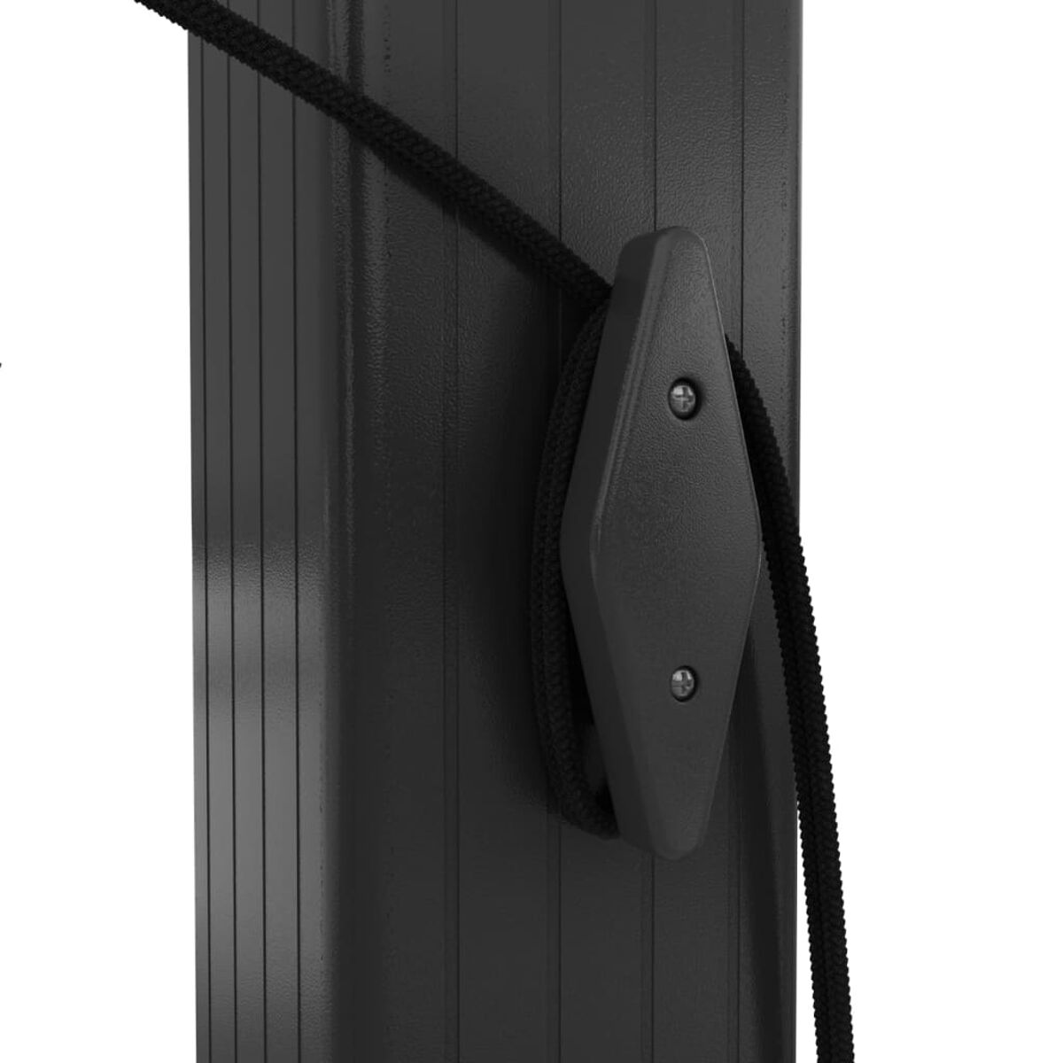 Schwarze Stange mit schwarzem Seil und schwarzem rautenförmigen Halter.
