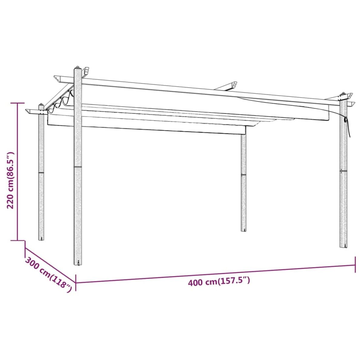 Outdoor-Pergola mit Abmessungen. Weißes Stoffdach, Holzrahmen, von Pfosten getragen. Maße 220x300x400 cm.