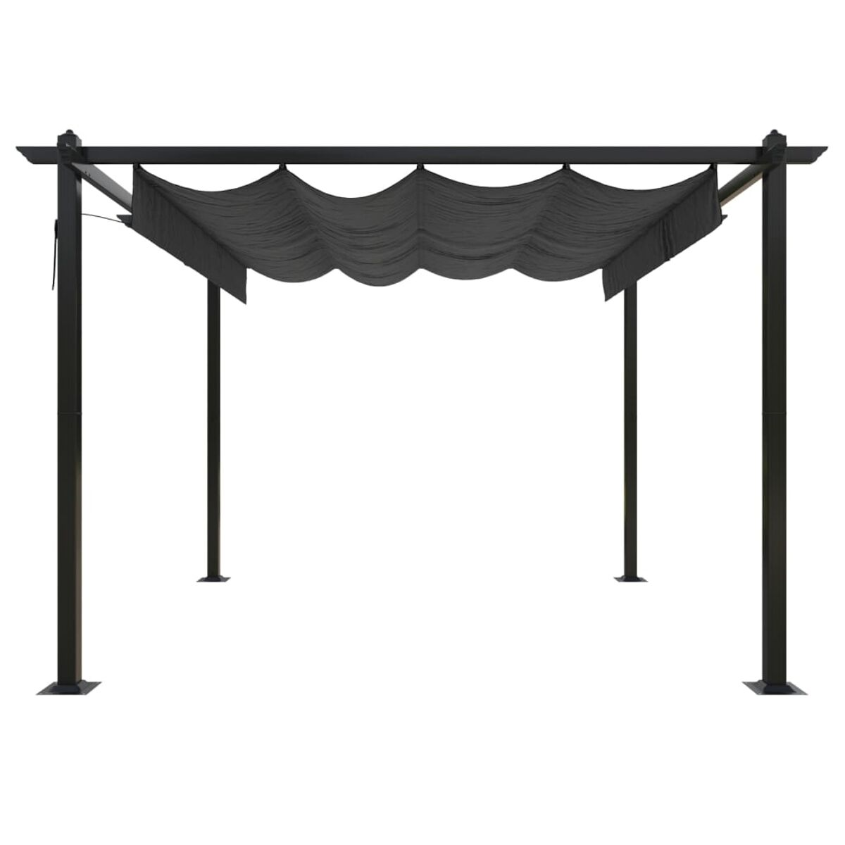 Schwarze Pergola mit schwarzem Stoffdach. Die Pergola ist eine quadratische Struktur.