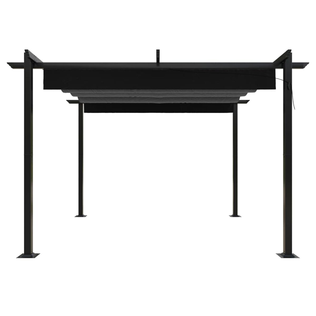 Schwarze Pergola mit ausfahrbarem Vordach. Sie hat vier Pfosten und eine rechteckige Form.