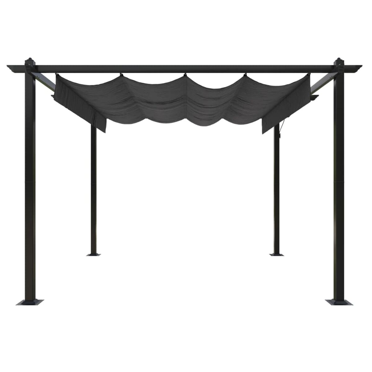 Schwarze Metallpergola mit schwarzem Baldachin, quadratische Pfosten, weißer Hintergrund.