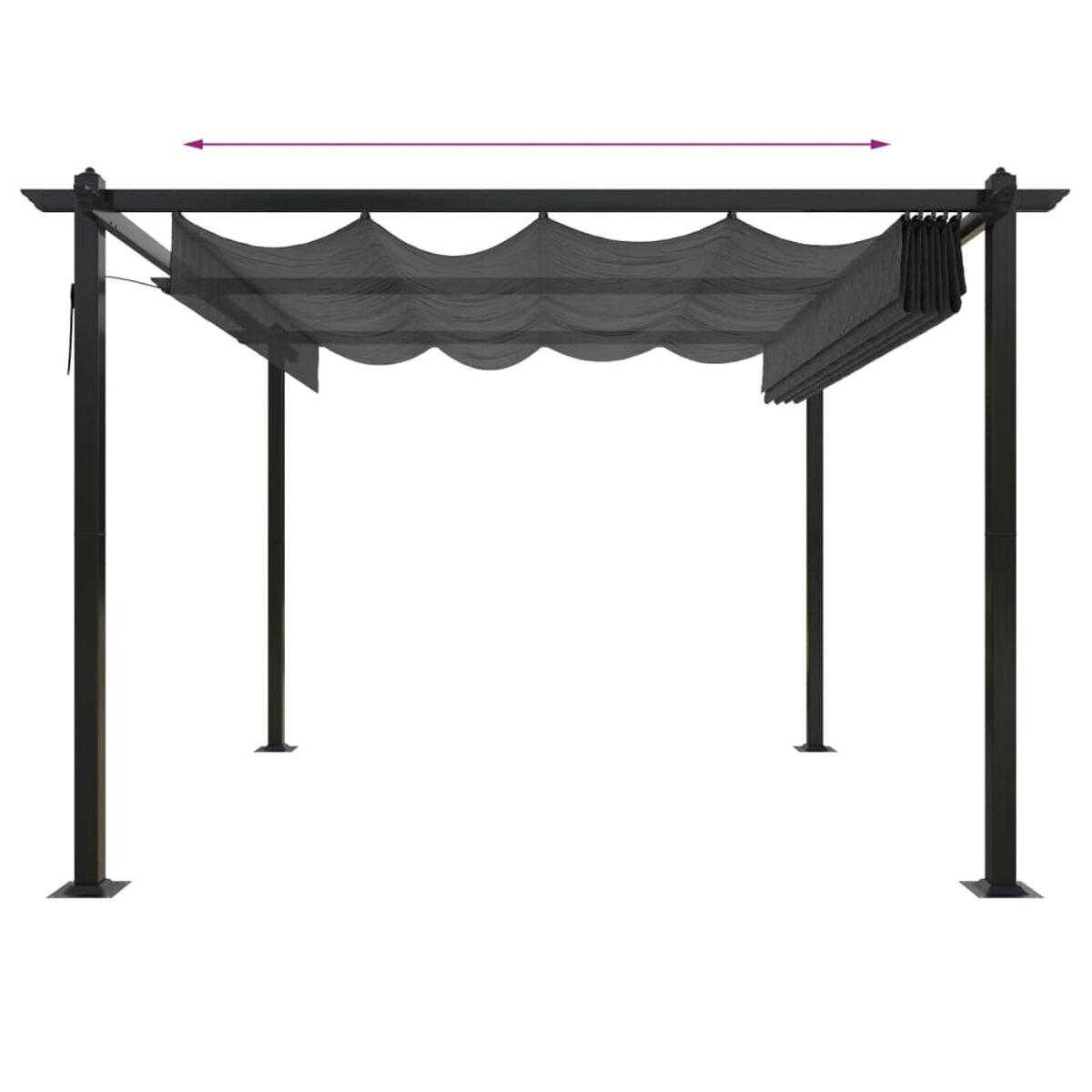 Schwarze Pergola mit ausfahrbarem Sonnensegel, getragen von vier dunklen Pfosten.