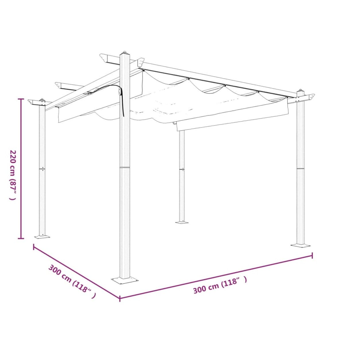 Weiße und beige Pergola mit Abmessungen. Die Struktur wird von Pfosten getragen.