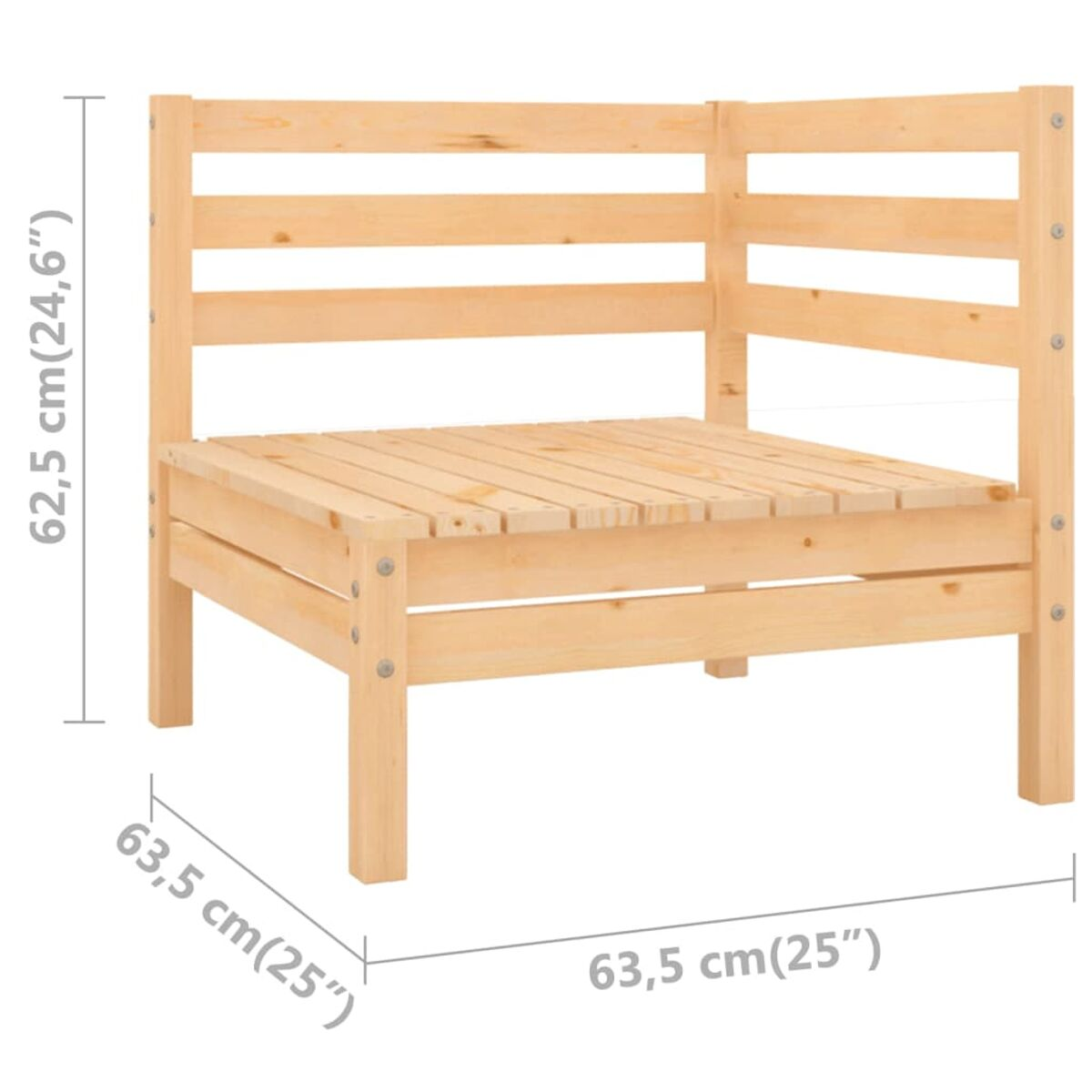 Ecksofa aus Holz mit Maßen. Es ist hellbraun. Es besteht aus Holz mit horizontalen Lamellen.