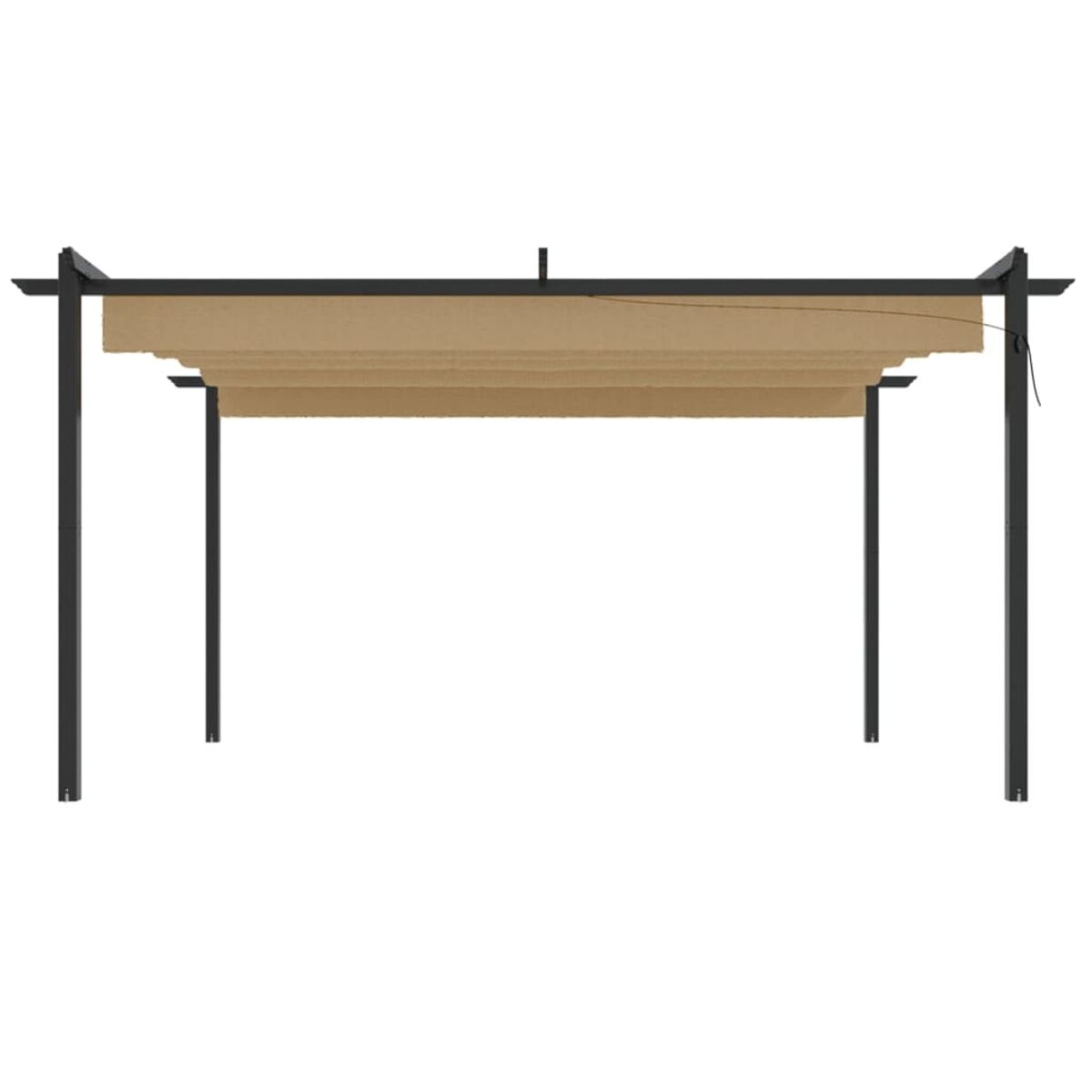 Eine beige Pergola, von unten betrachtet. Sie hat ein schwarzes Gestell und ein einziehbares beiges Verdeck.