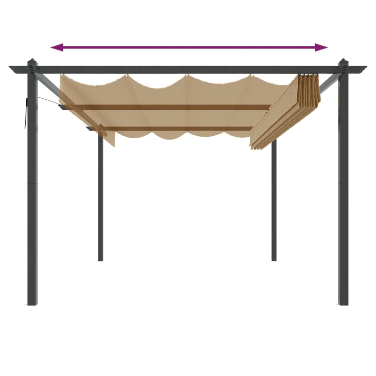 Beige Pergola mit einem einziehbaren Baldachin. Schwarzer Rahmen, Seitenansicht, mit Messpfeilen.