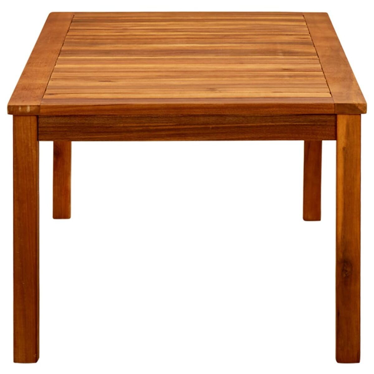 Quadratischer Holztisch für den Außenbereich mit Lamellen. Braune Farbe, vier Beine.