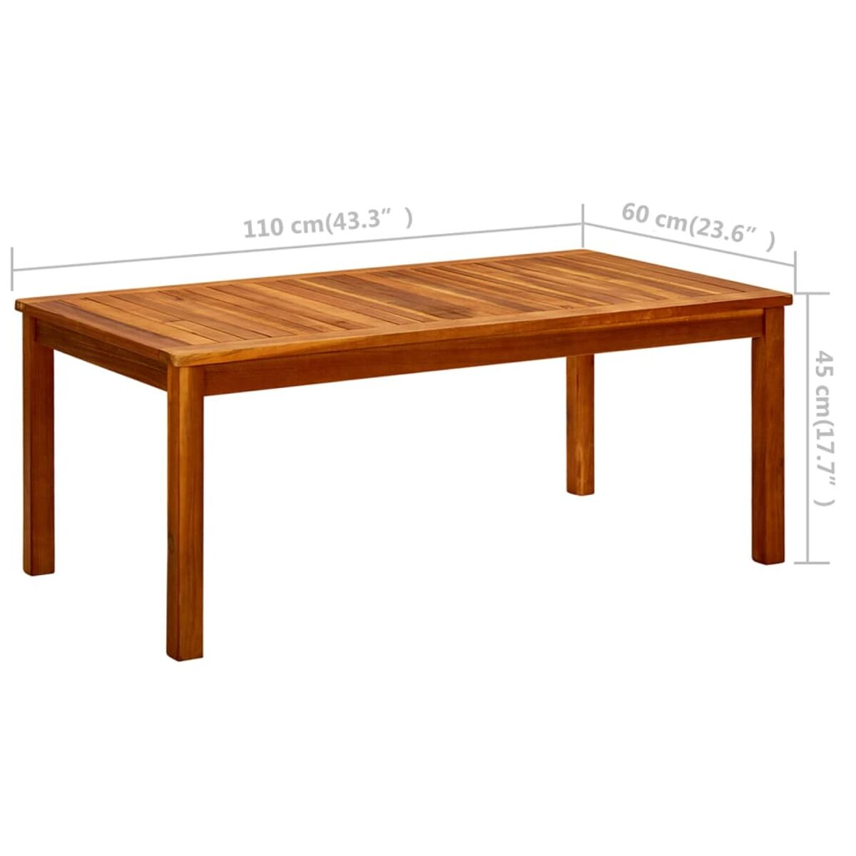 Holztisch mit Maßen, rechteckig mit vier Beinen.