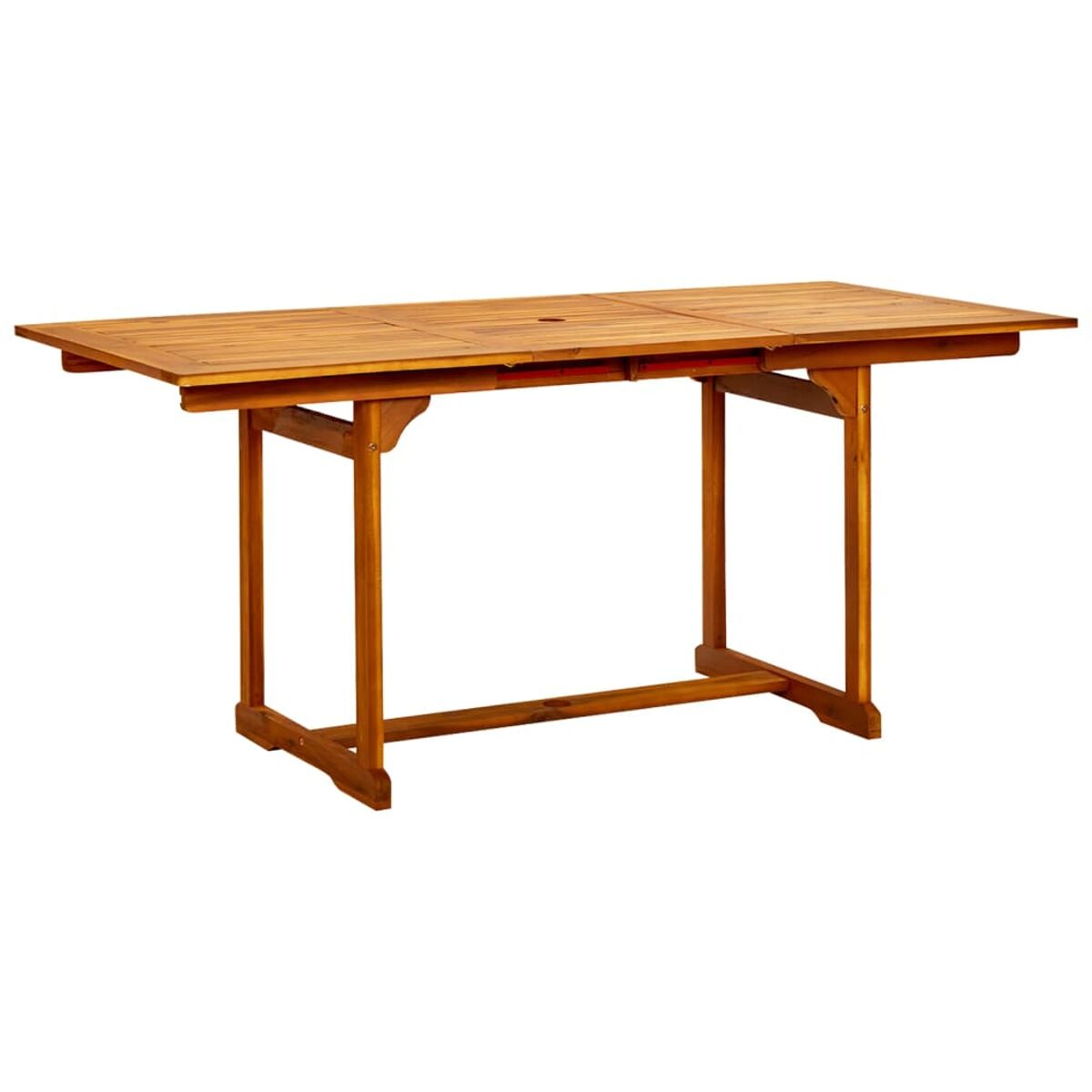 Rechteckiger Holztisch mit ausziehbaren Seiten und Beinen. Braune Farbe. Der Hintergrund ist schlicht weiß.