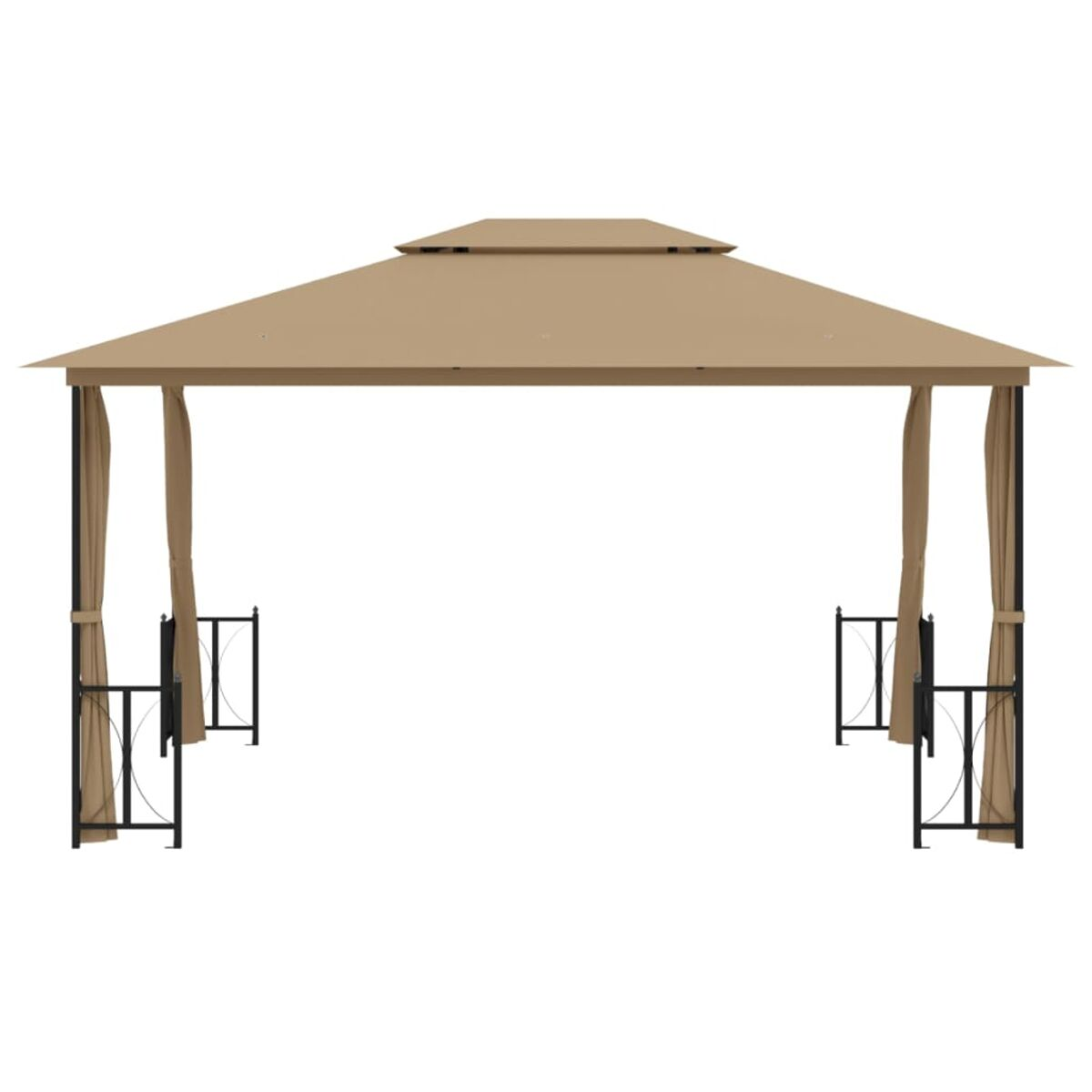 Beiger Pavillon mit Vorhängen und schwarzen Stützen, von vorne gesehen, weißer Hintergrund.
