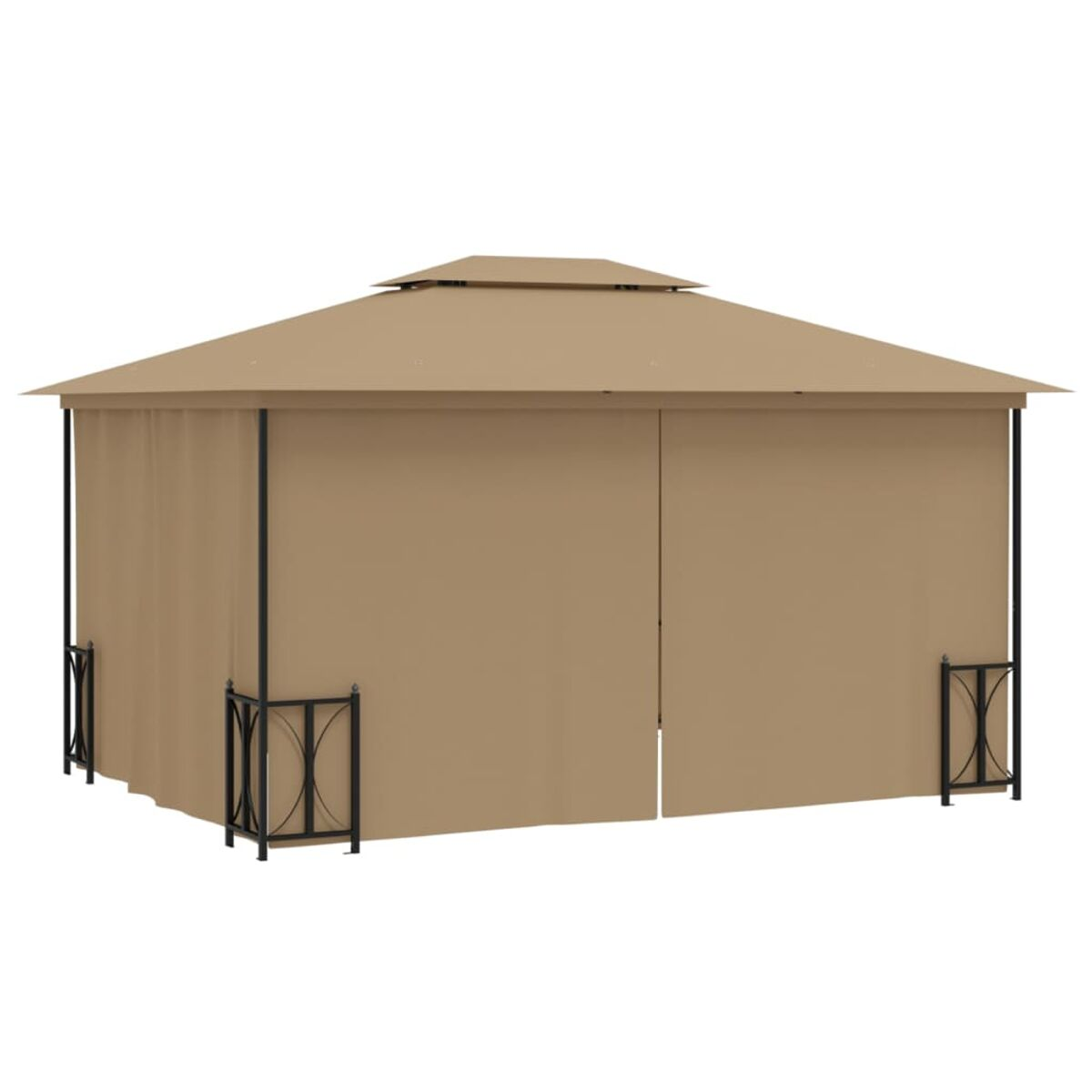 Beige Gartenlaube mit braunen Vorhängen und schwarzen Rahmen, vor weißem HG.