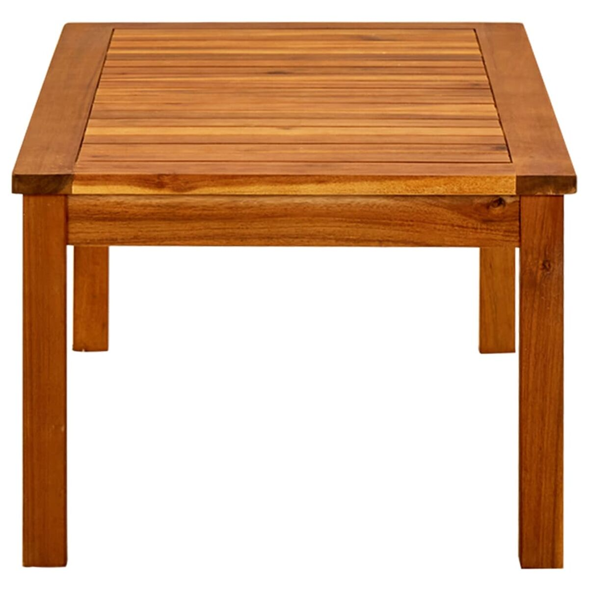 Quadratischer Holztisch mit Lattenrost und quadratischen Beinen. Von oben betrachtet.