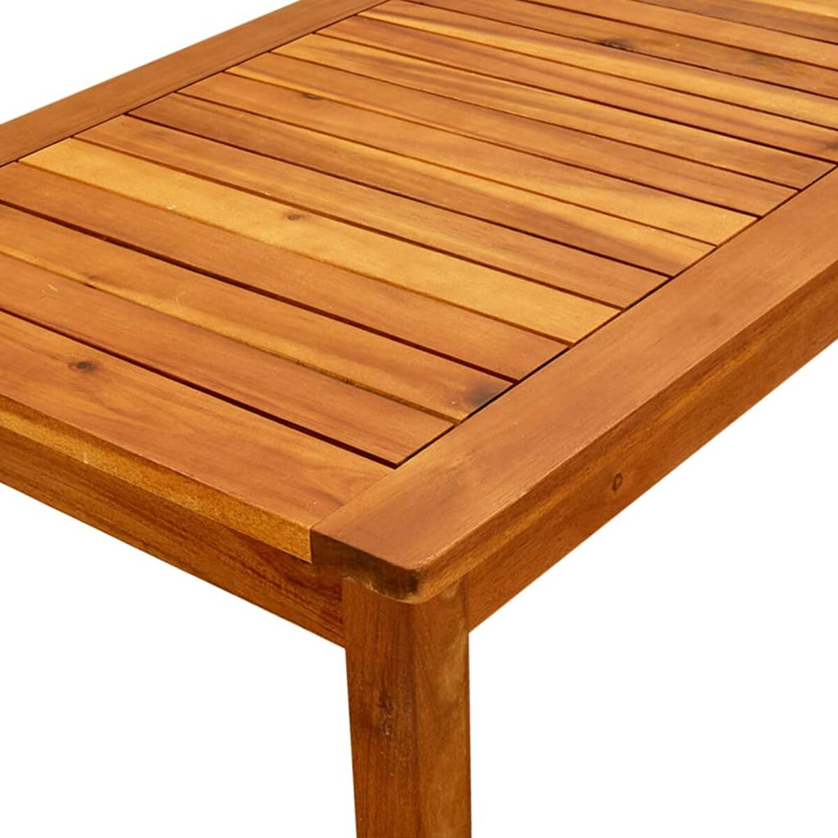 Rechteckiger Holztisch, Nahaufnahme der Oberfläche, Holzmaserung sichtbar.