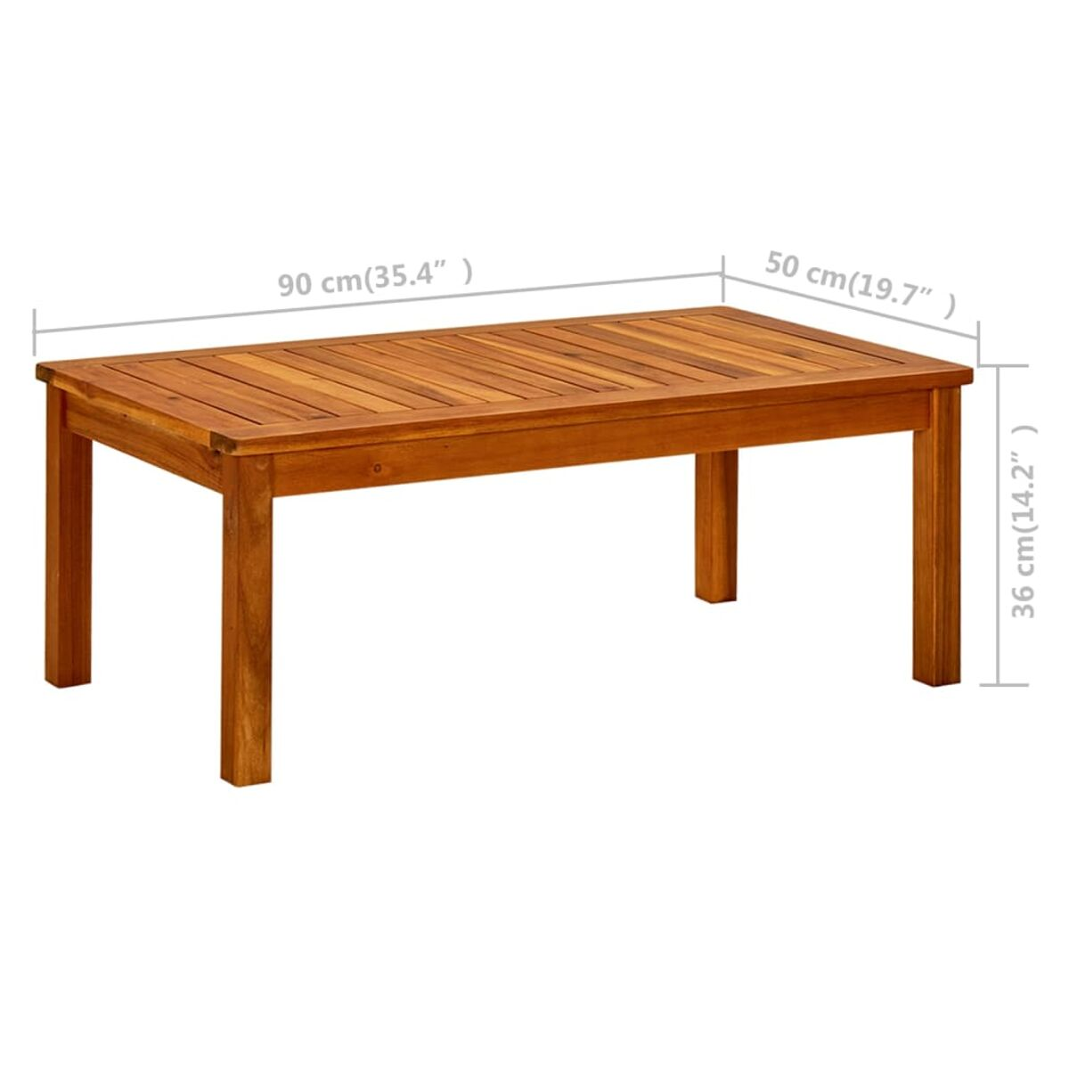 Ein rechteckiger Holztisch für draußen. Er ist braun mit einer Lattenrostplatte. Abmessungen sind angegeben.