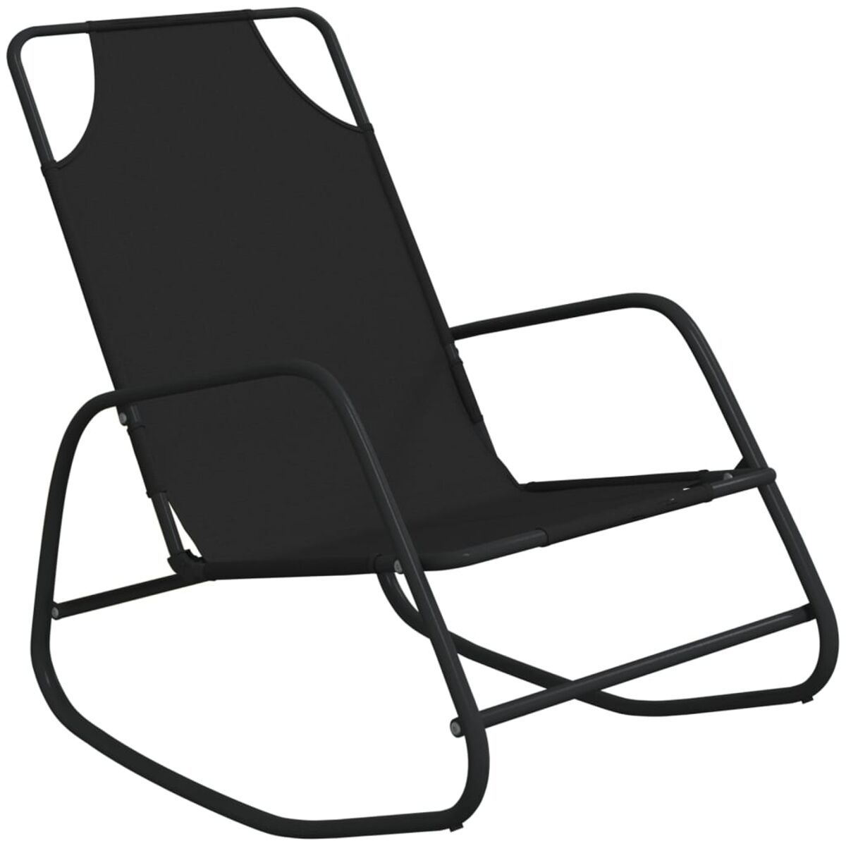 Schwarzer Schaukelstuhl mit Rohrrahmen. Schwarzer Stoff-Sitz und -Rücken. Weißer Hintergrund.