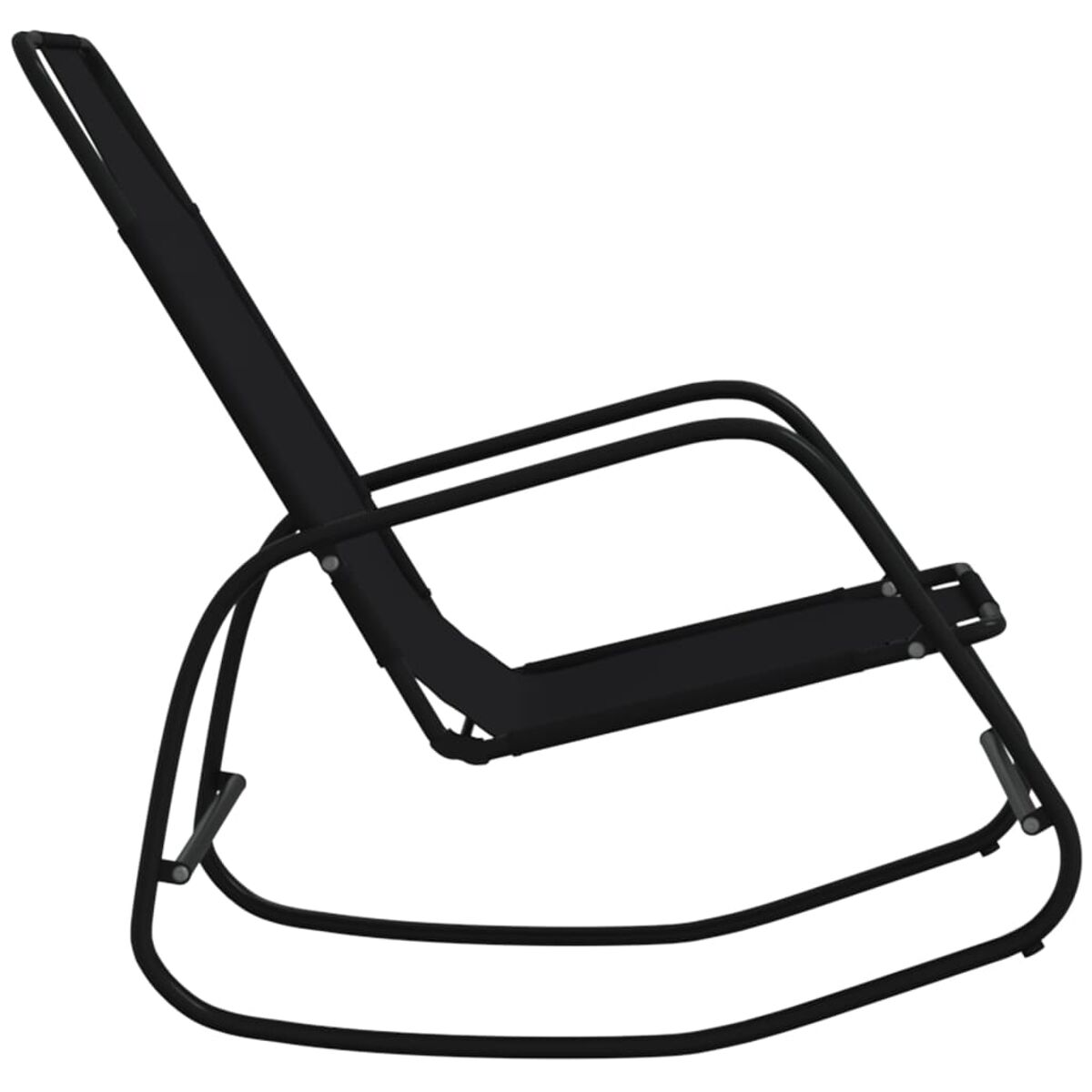Schwarzer Schaukelstuhl mit gebogenem Rahmen.