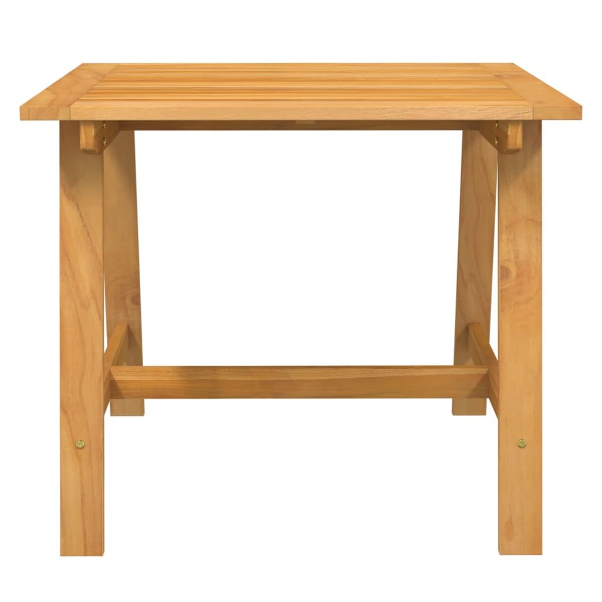 Quadratischer Gartentisch aus Holz mit Lattenrost und vier Holzbeinen.