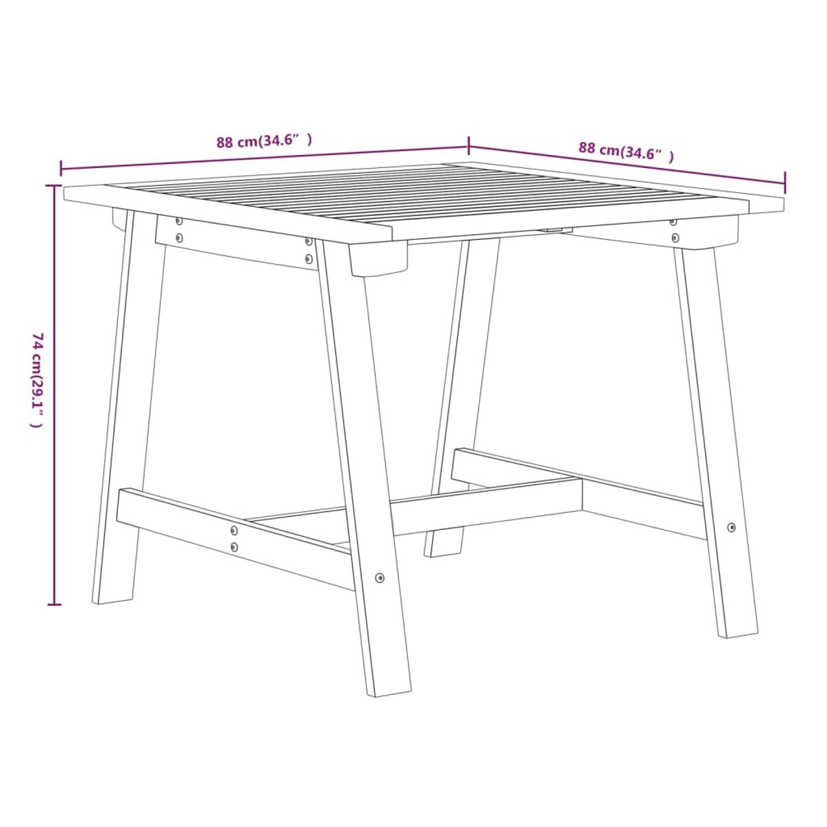 Quadratischer Holztisch mit Lattenrost und Maßangaben. Isoliert auf Weiß.