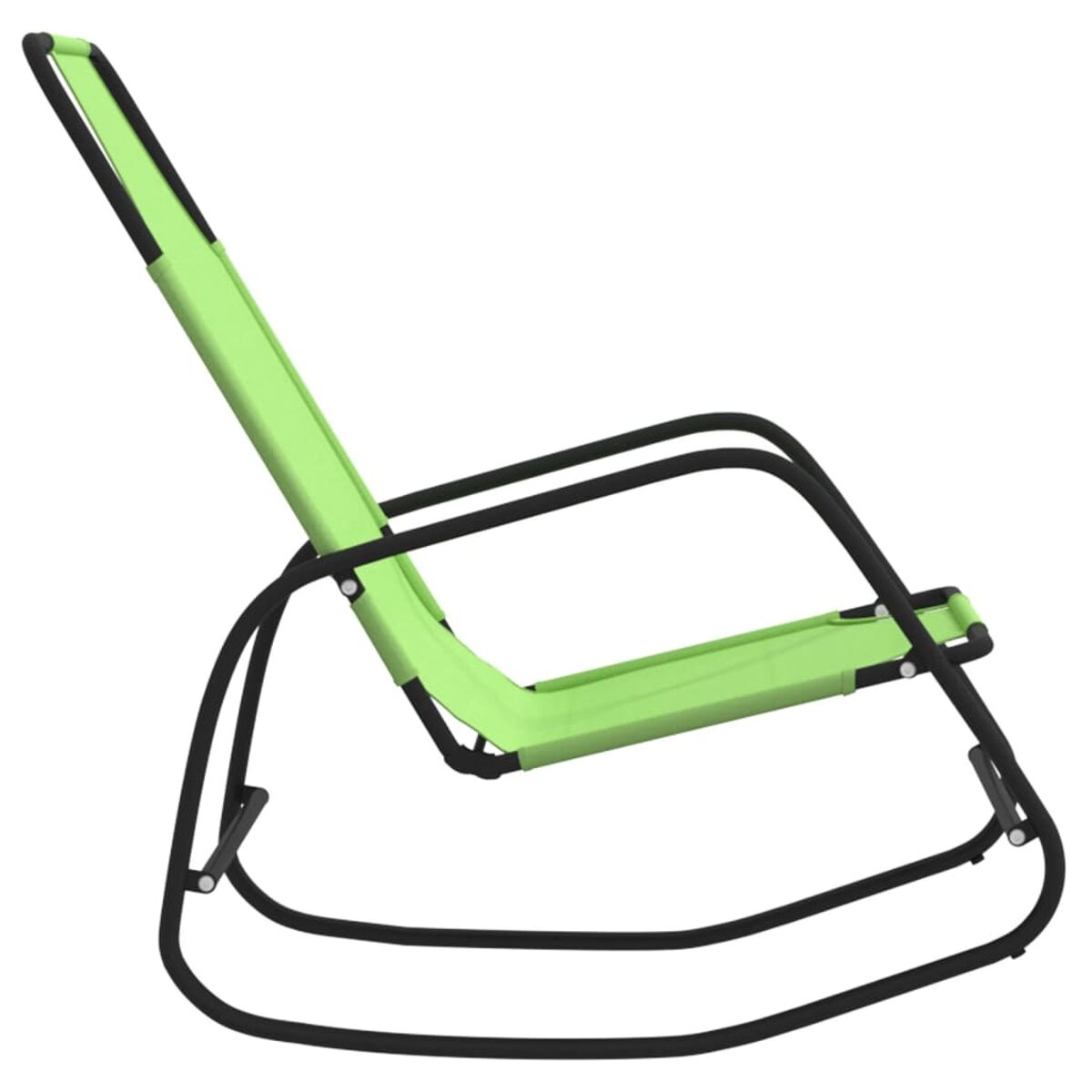 Grüner Schaukelstuhl. Hellgrüner Sitz und Rücken, schwarzes Metallgestell, gebogene Kufen.
