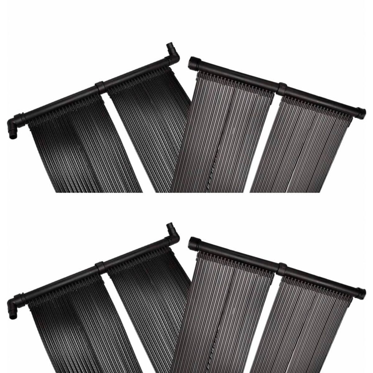 Zwei Solarmodul-Sets mit schwarzen Rohren und Anschlüssen. Sie sind diagonal angeordnet.