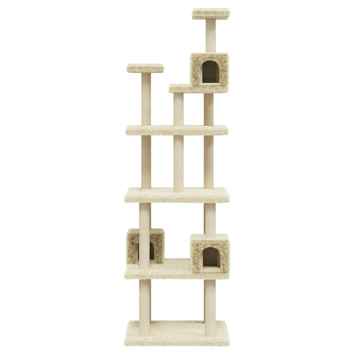 Katzenturm mit mehreren Ebenen, beige Farbe, mit Schränken und Plattformen. Weißer Hintergrund.