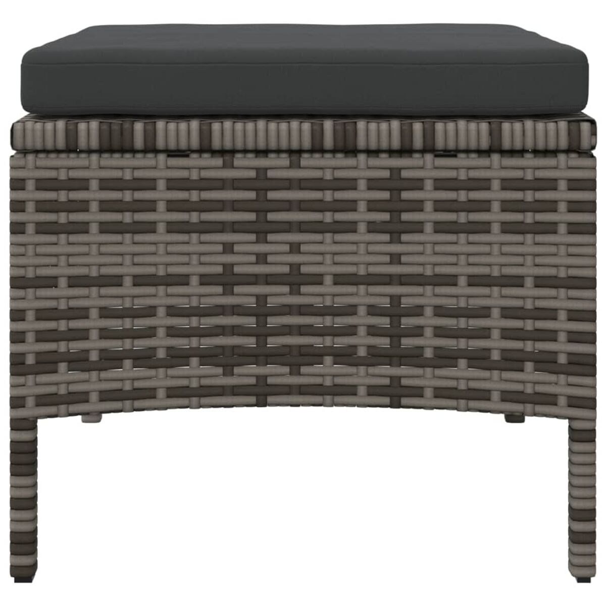 Pouf in vimini marrone con cuscino grigio. Ha lati curvi e piedi bianchi.