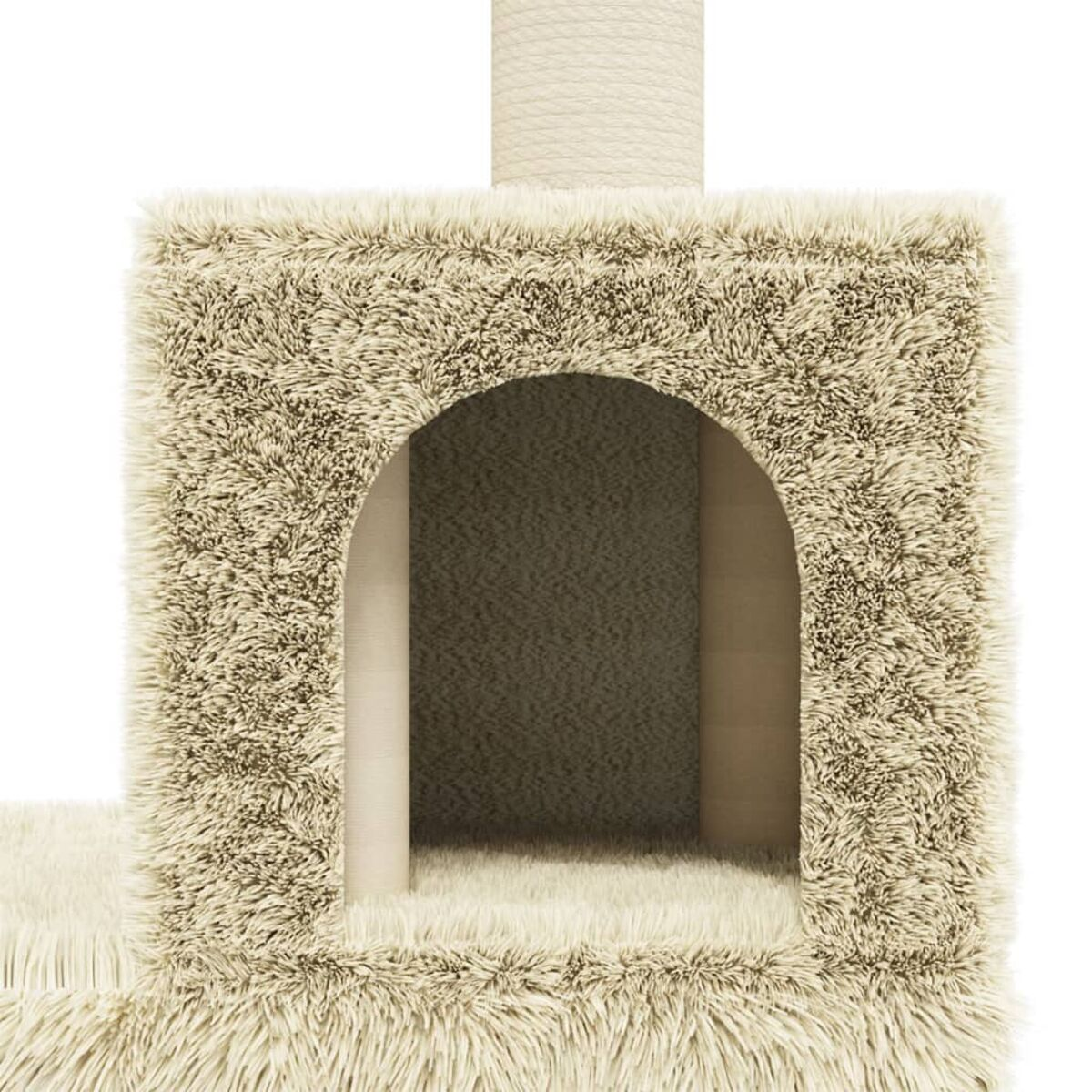 Katzenbaum-Abschnitt. Beiges, flauschiges Material. Gewölbter Eingang zu einem Höhlenbereich.