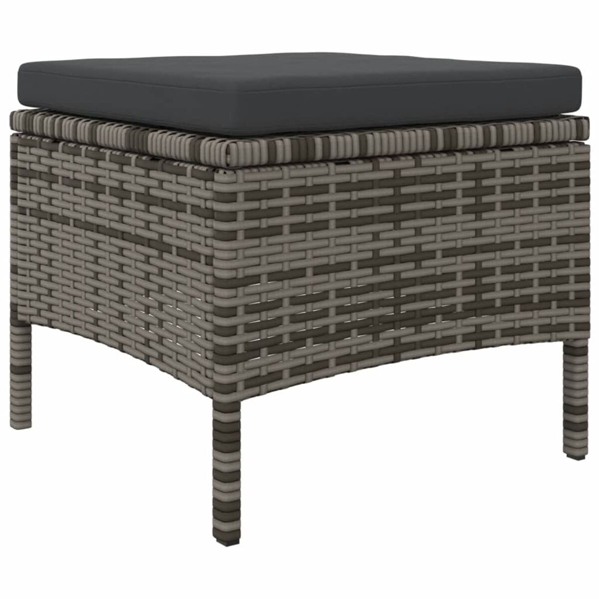 Pouff in vimini con cuscino grigio. Il pouff è quadrato e ha un motivo intrecciato.