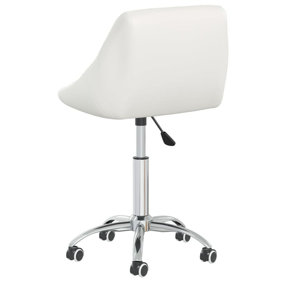 Weißer, lederähnlicher Bürostuhl, Rückansicht, Chromfuß und Räder.