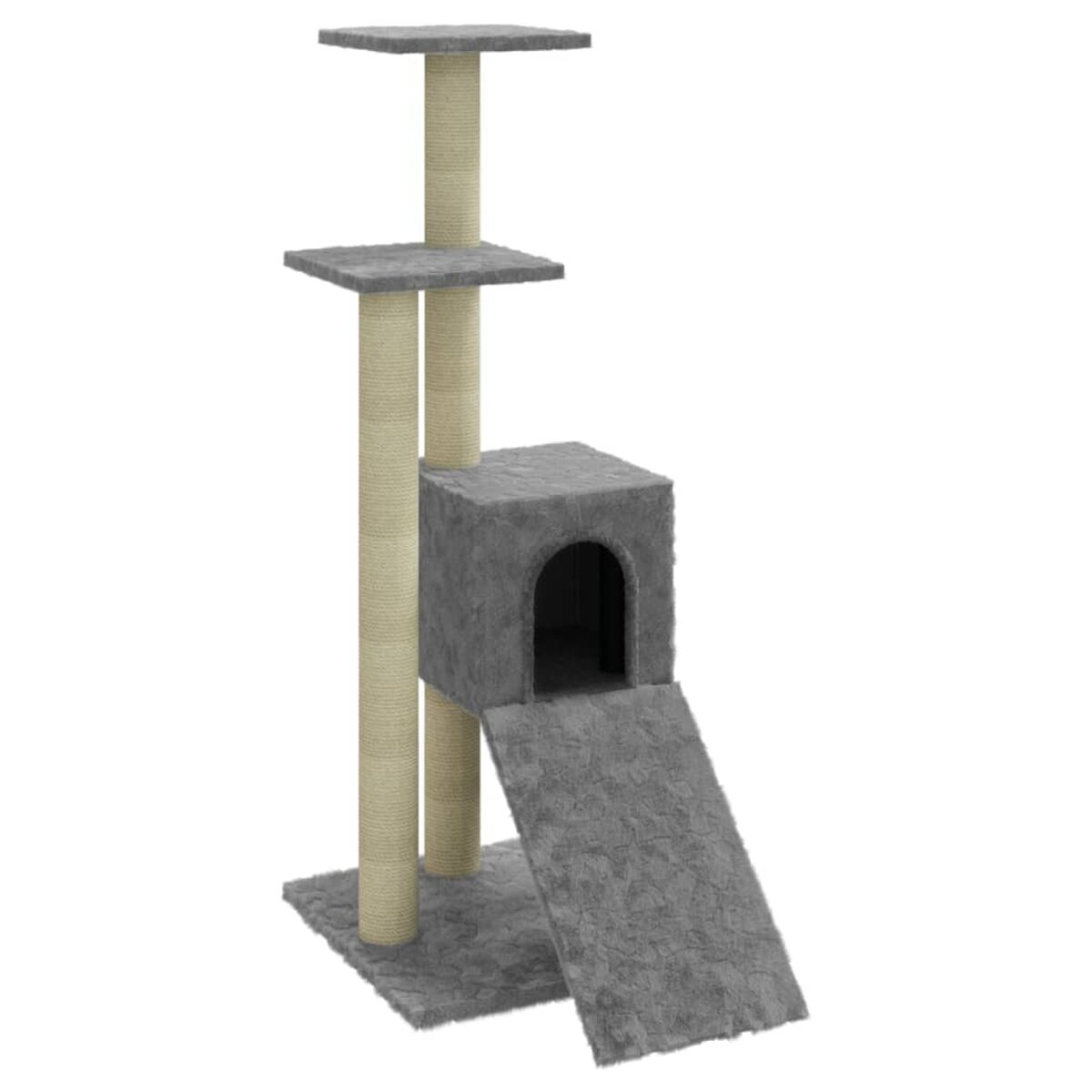 Grauer Katzenbaum mit mehreren Ebenen, einem Versteck und Kratzbäumen. Beige Pfosten.