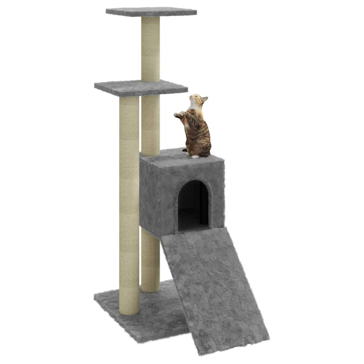 Katze auf grauem Kratzbaum, nach oben schauend. Baum hat Rampe, Haus und Ebenen.