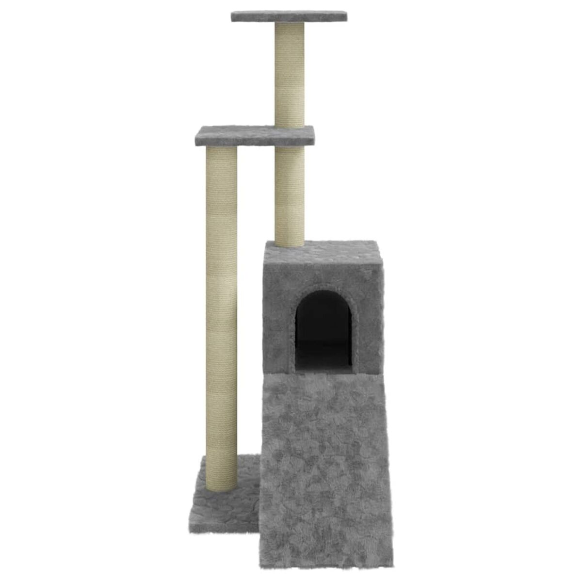 Grauer Katzenbaum mit drei Ebenen, Kratzbäumen und einem Katzenhaus.