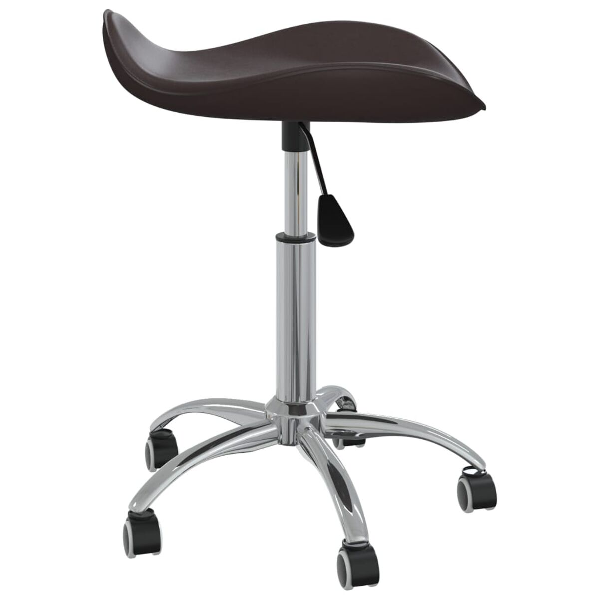 Taburete de silla de montar marrón con base cromada y altura ajustable.