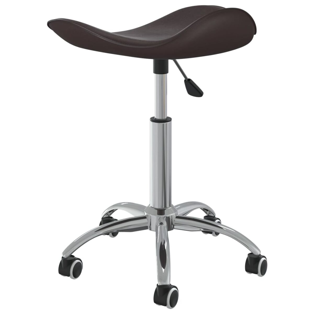 Taburete de oficina de cuero marrón con asiento curvo. Base cromada con ruedas y palanca.